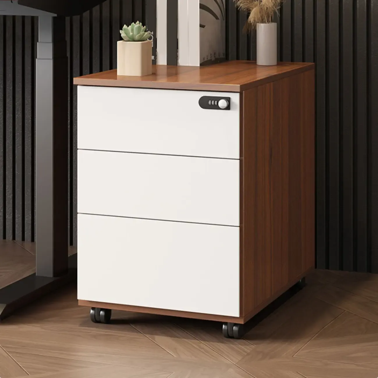 Modern Wooden Lockable Filing Cabinet with 3-Drawers & Wheels Image - 2