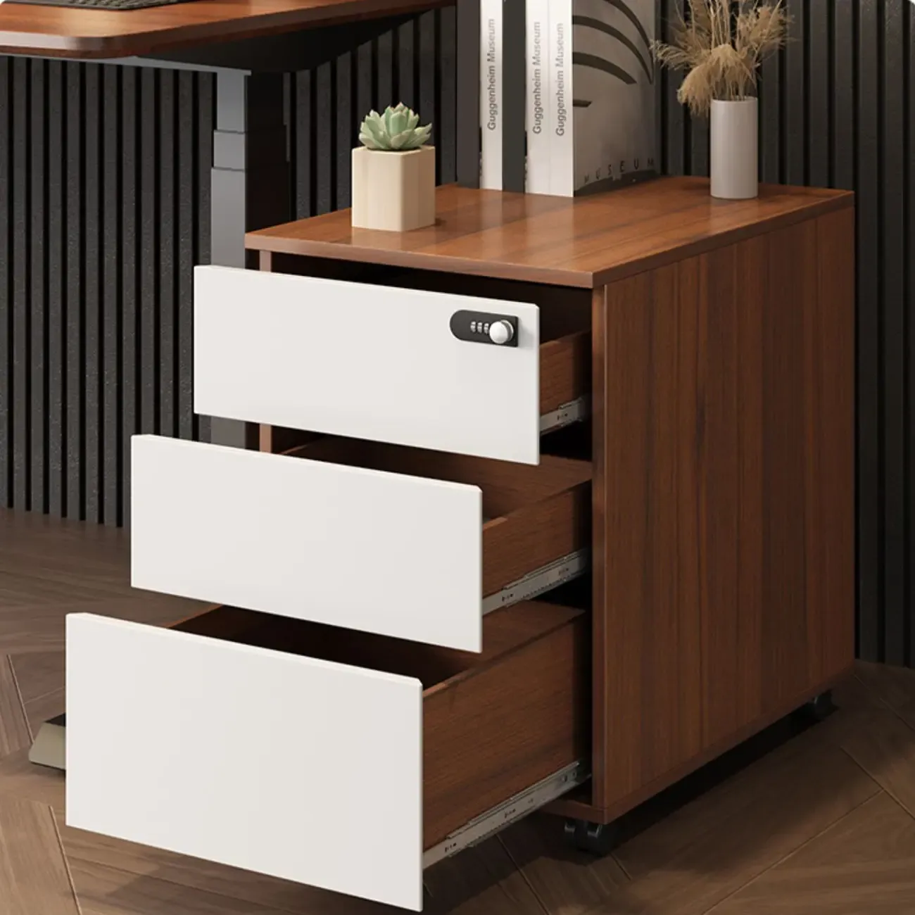Modern Wooden Lockable Filing Cabinet with 3-Drawers & Wheels Image - 1