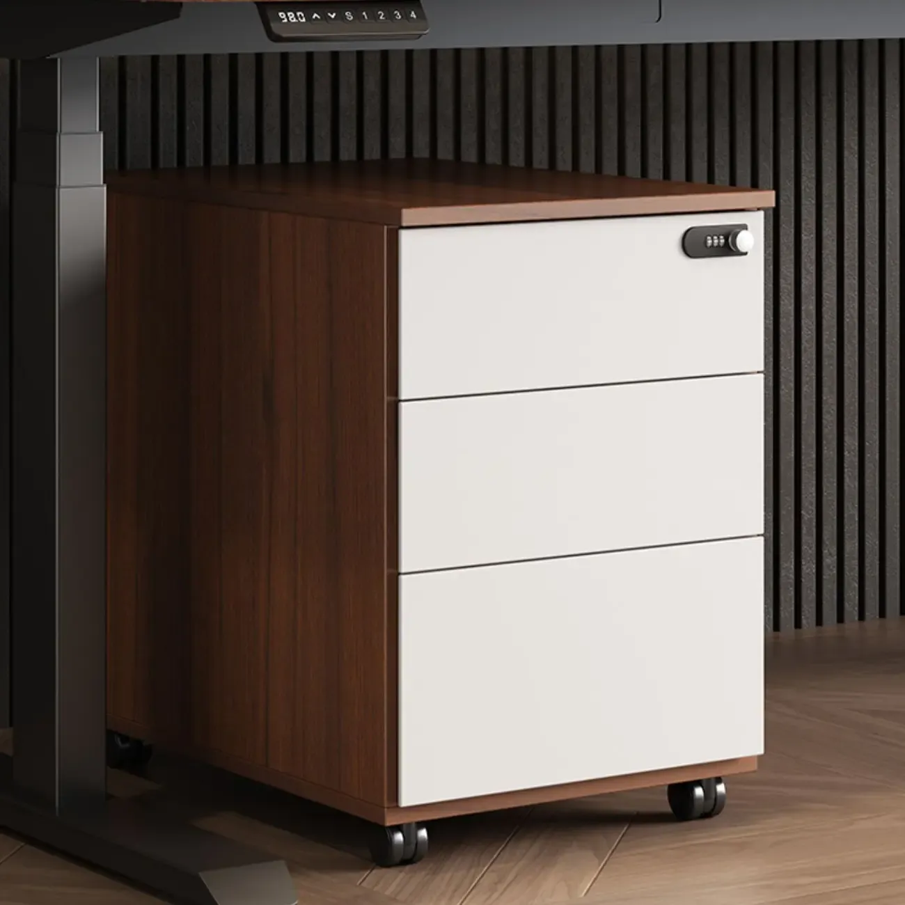 Modern Wooden Lockable Filing Cabinet with 3-Drawers & Wheels Image - 4