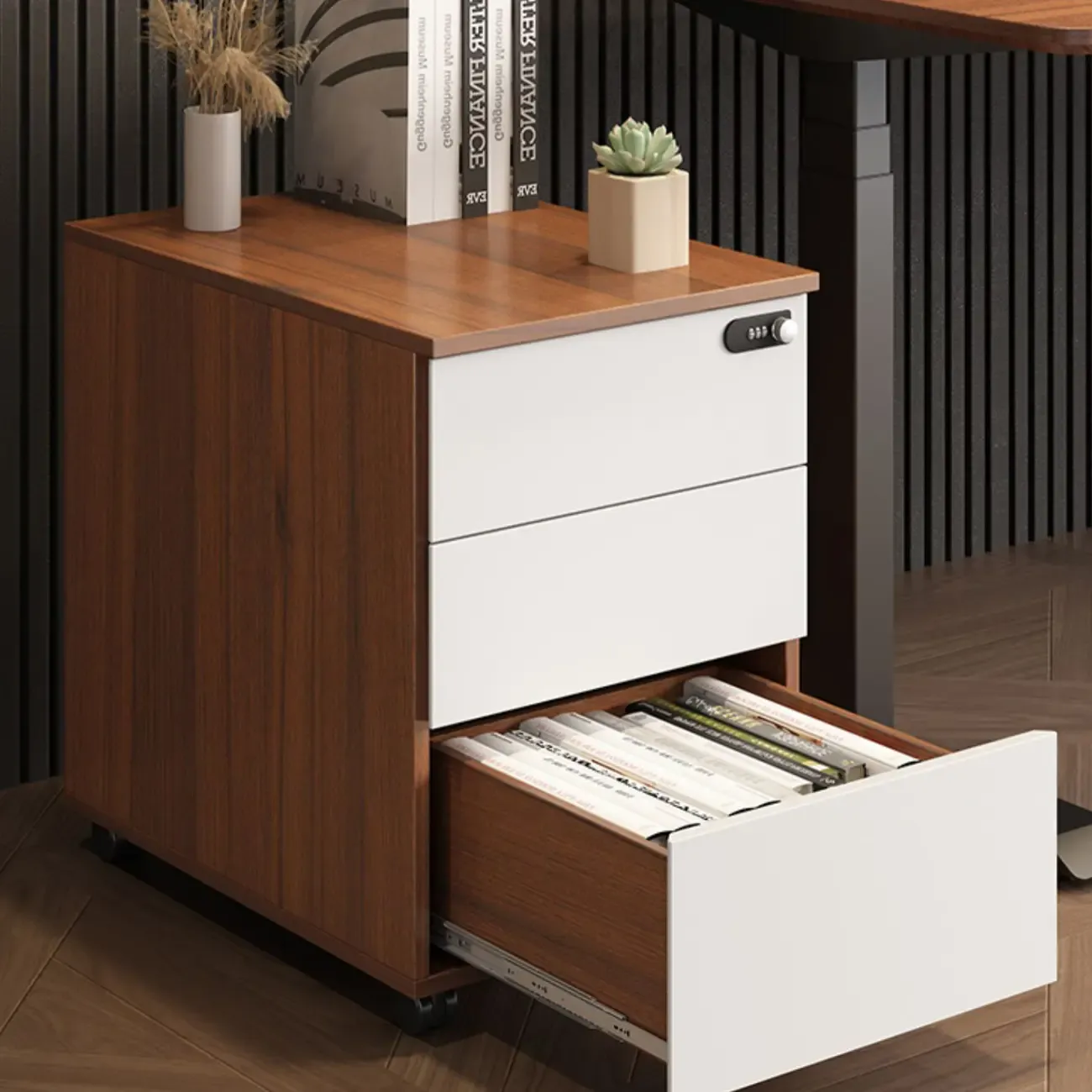 Modern Wooden Lockable Filing Cabinet with 3-Drawers & Wheels Image - 5