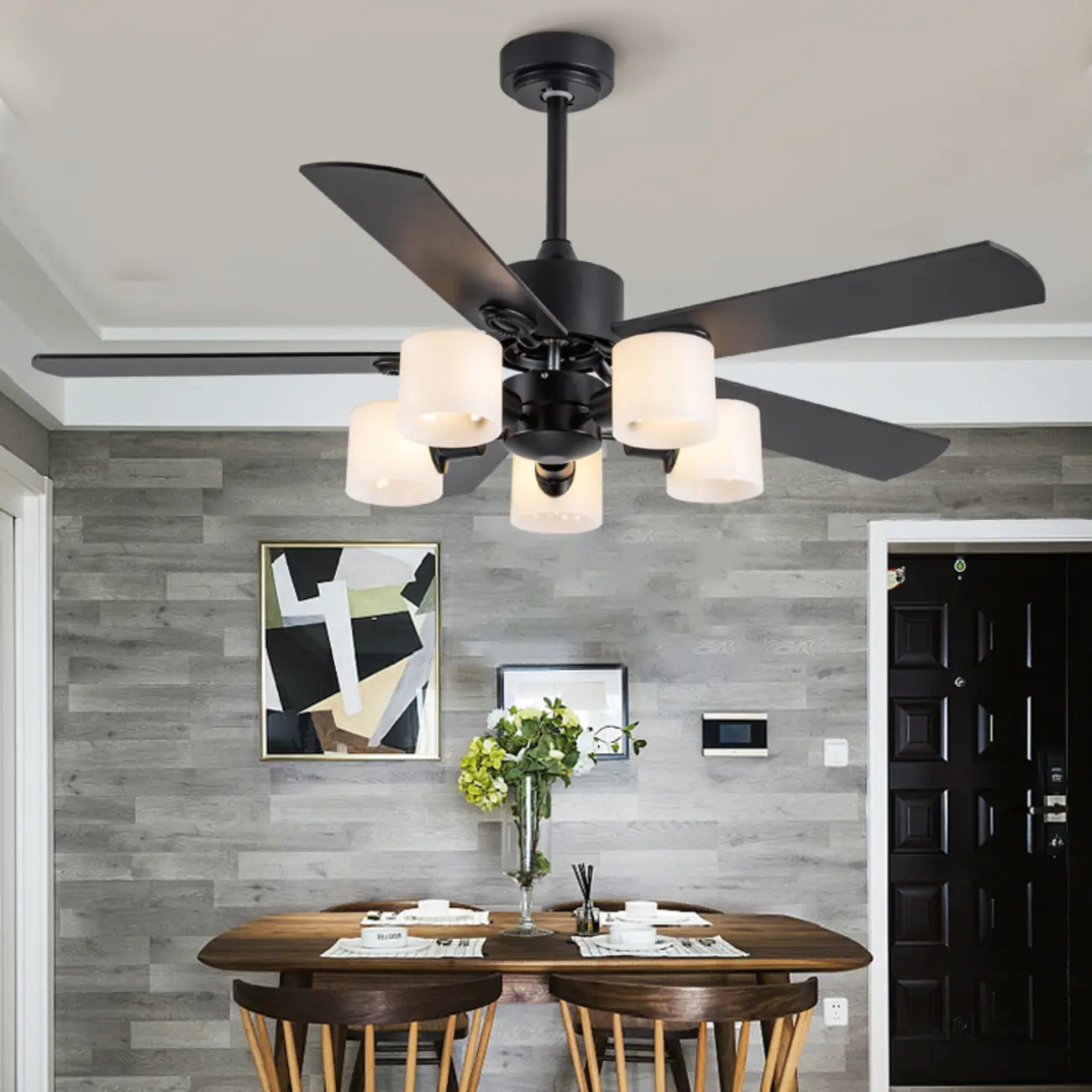 52" Matte Black 5-Blade Downrod Ceiling Fan with Lights | homeyfad