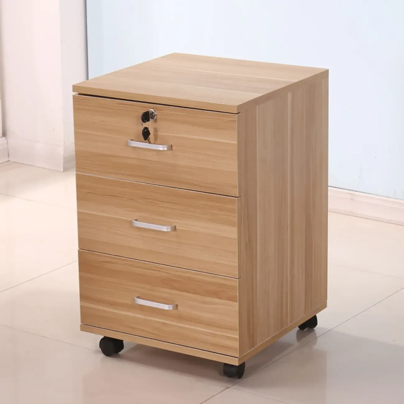 Vintage Wooden Lockable Filing Cabinet with Wheels for Home Image - 4