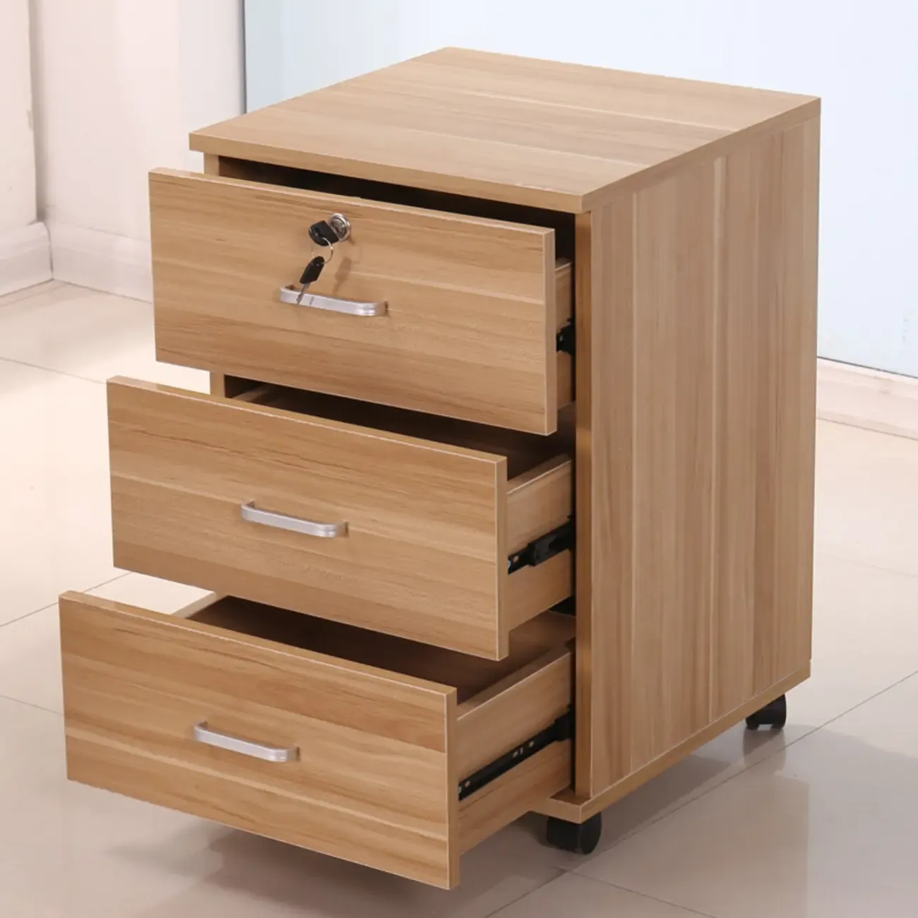 Vintage Wooden Lockable Filing Cabinet with Wheels for Home Image - 2