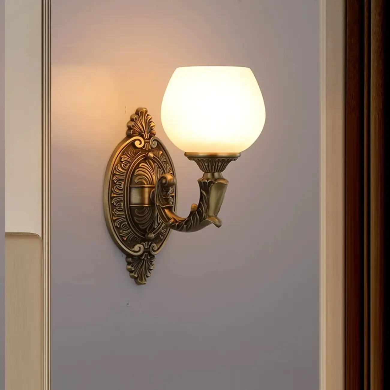 Vintage Brass Lotus Glass Shade Wall Sconce Light Image - 1