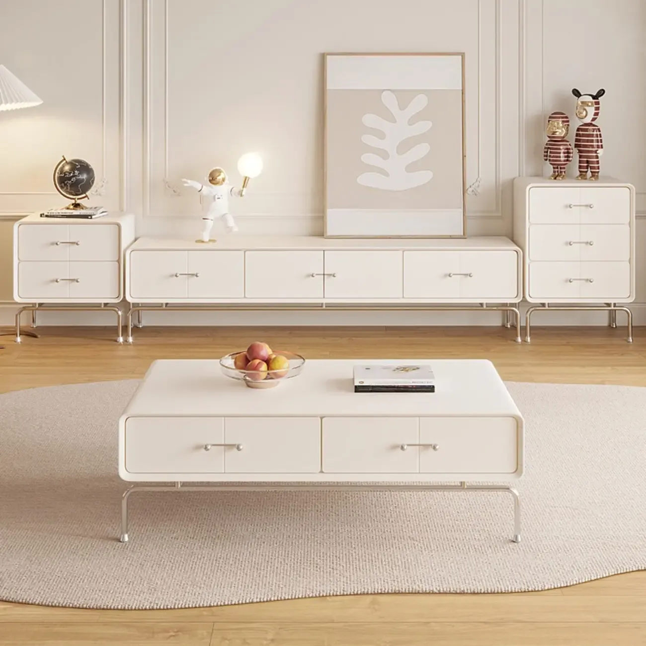 Contemporary White Wooden TV Stand with Drawers and Cabinet Image - 1