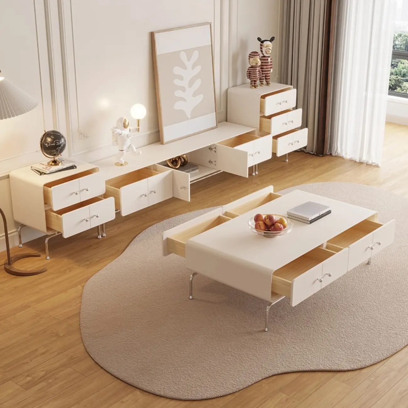 Contemporary White Wooden TV Stand with Drawers and Cabinet Image - 11 | homeyfad