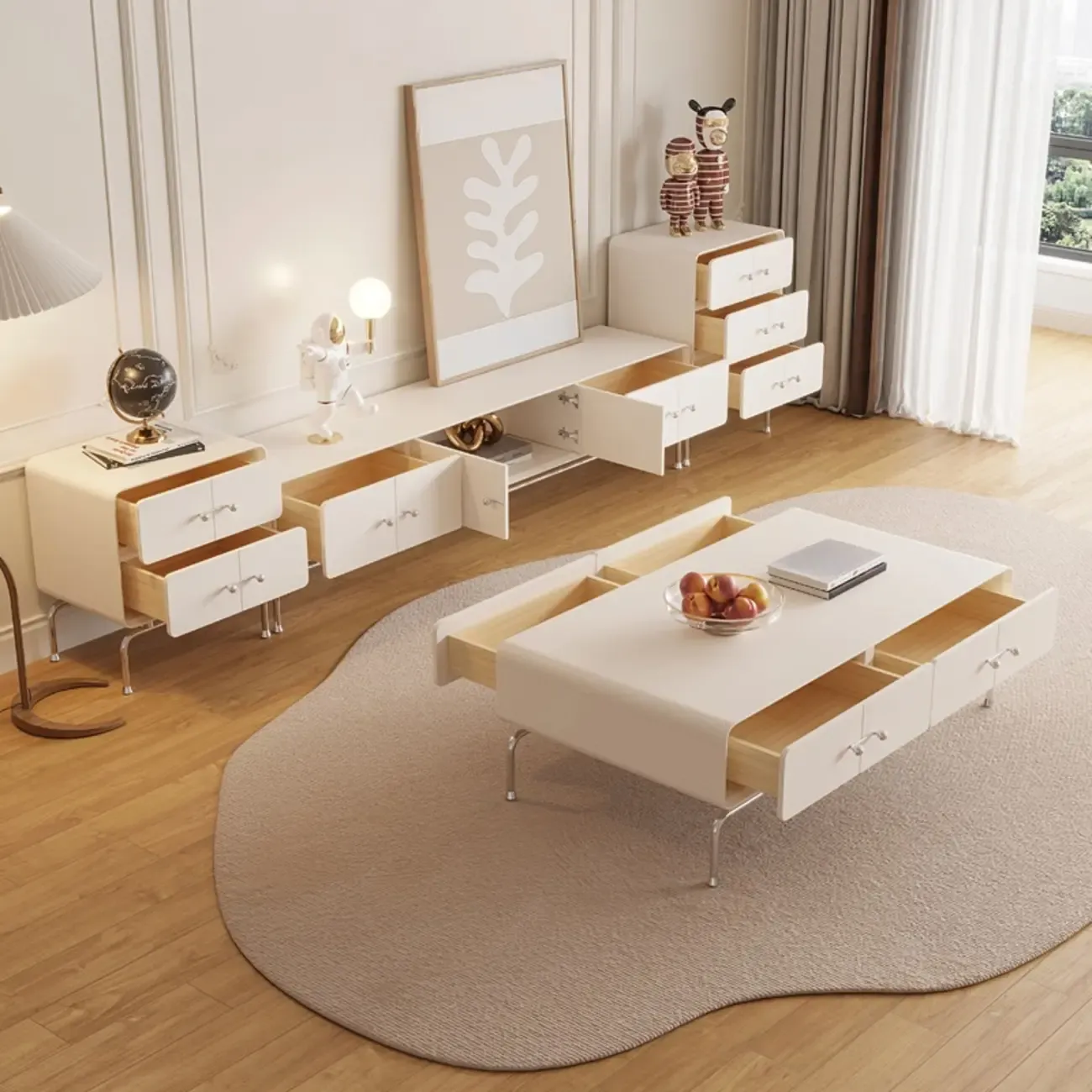 Contemporary White Wooden TV Stand with Drawers and Cabinet Image - 11