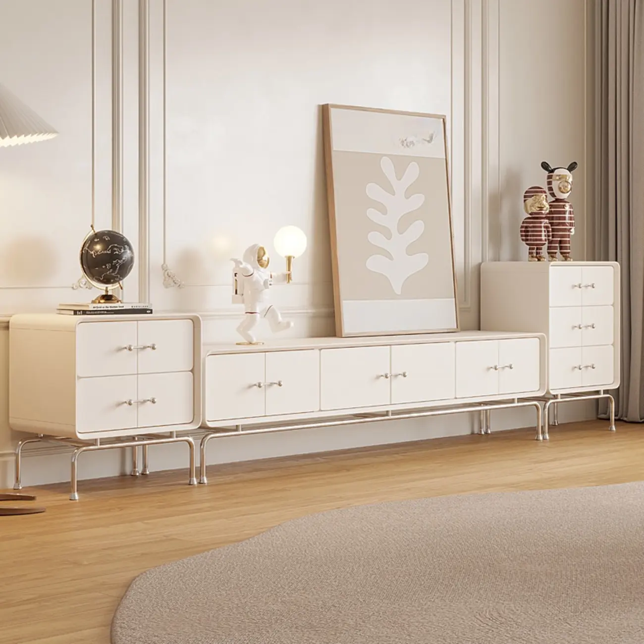 Contemporary White Wooden TV Stand with Drawers and Cabinet Image - 12 | homeyfad