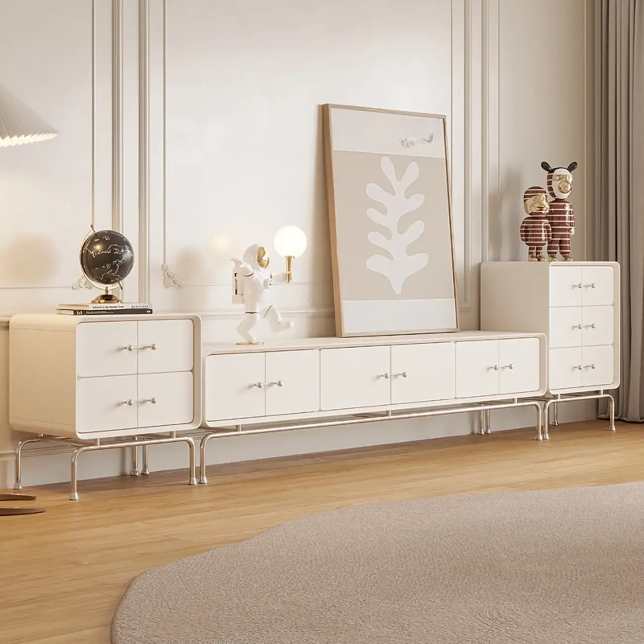 Contemporary White Wooden TV Stand with Drawers and Cabinet Image - 12