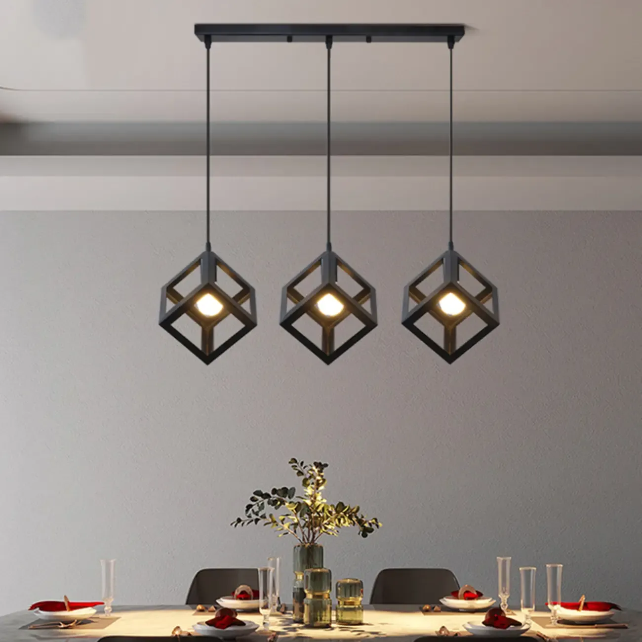 Industrial Black Metal Geometric Island Pendant Light Image - 1