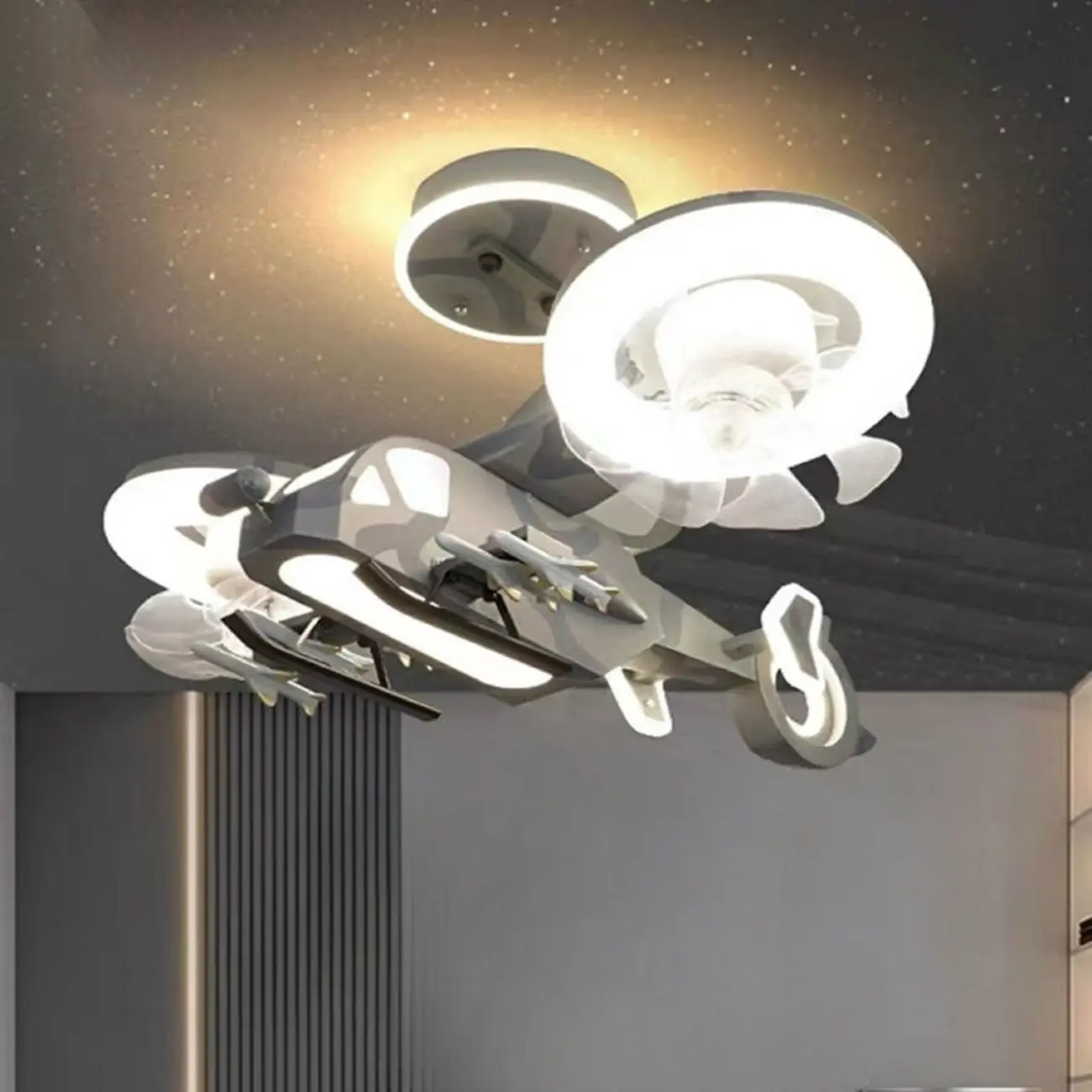 Kids Room Grey Aircraft-Shaped LED Ceiling Fan with Light Image - 1 | homeyfad