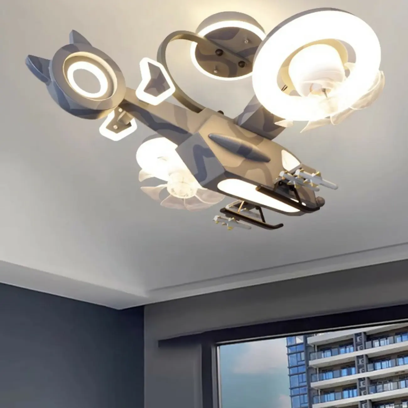 Kids Room Grey Aircraft-Shaped LED Ceiling Fan with Light Image - 2 | homeyfad