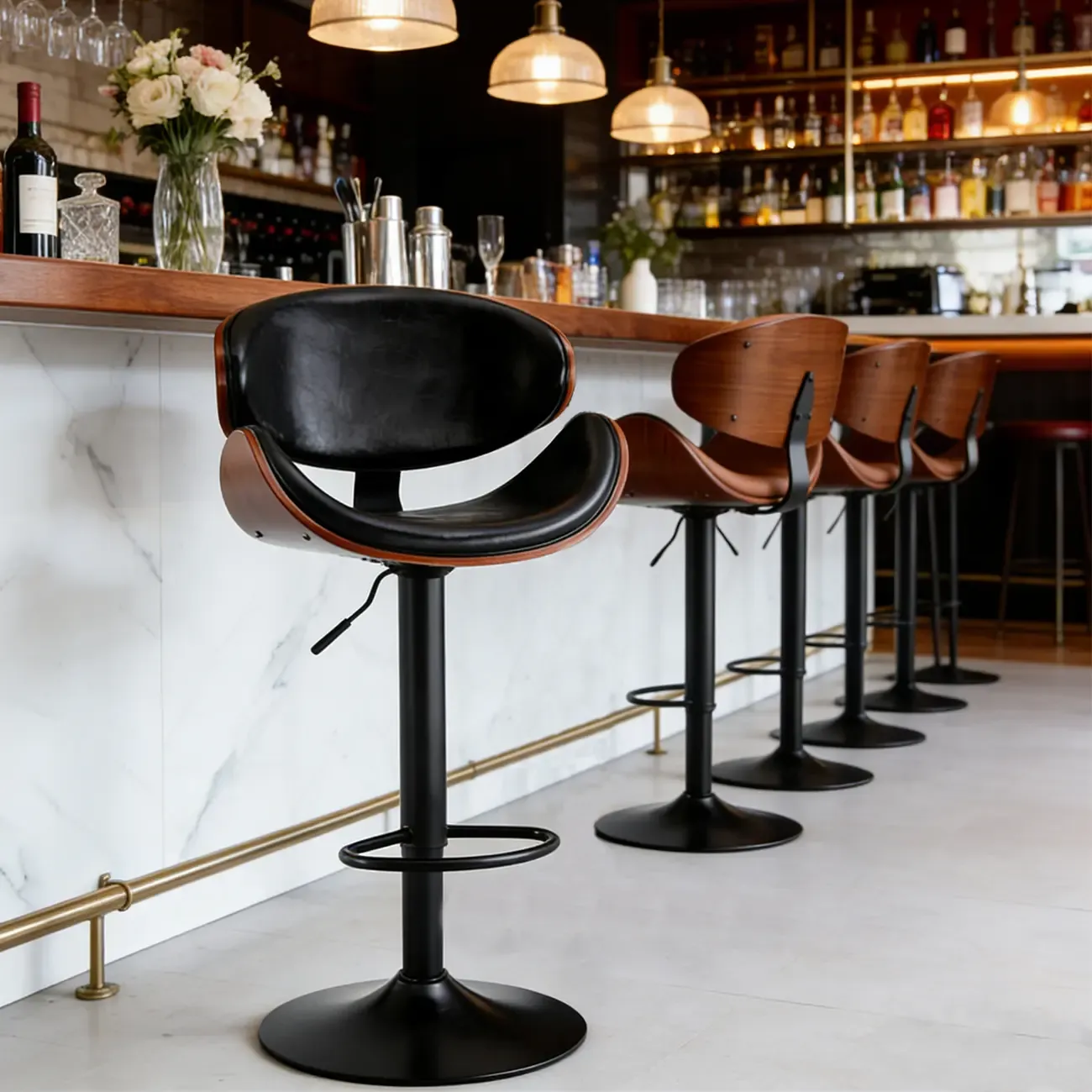 Bucket Adjustable Swivel Leather Bar Stools Image - 5