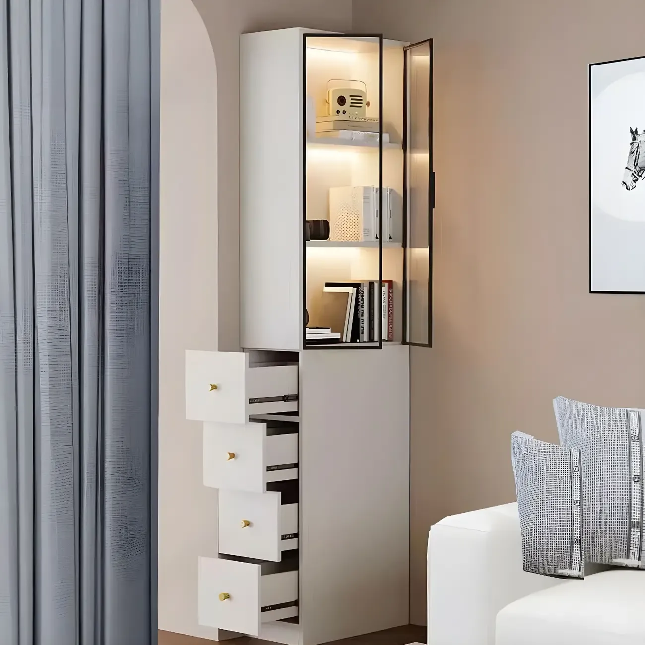 Modern White Wood Glass Pane Storage Cabinet with 4 Drawers Image - 2