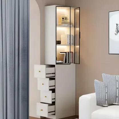 Modern White Wood Glass Pane Storage Cabinet with 4 Drawers Image - 2