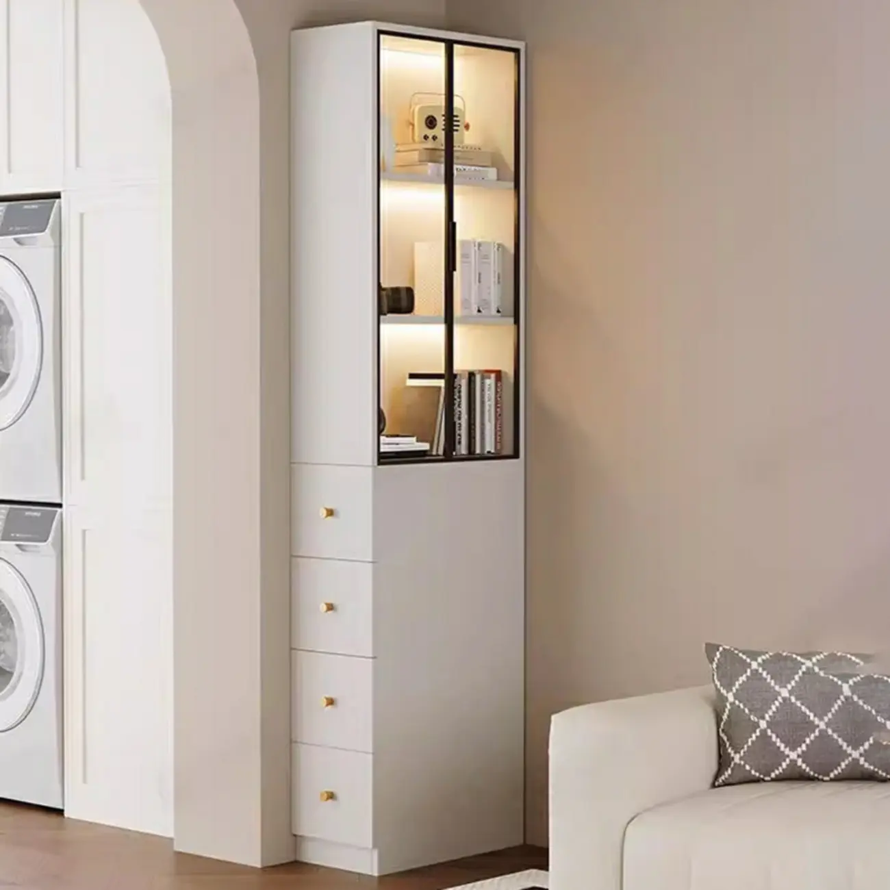 Modern White Wood Glass Pane Storage Cabinet with 4 Drawers Image - 1 | homeyfad