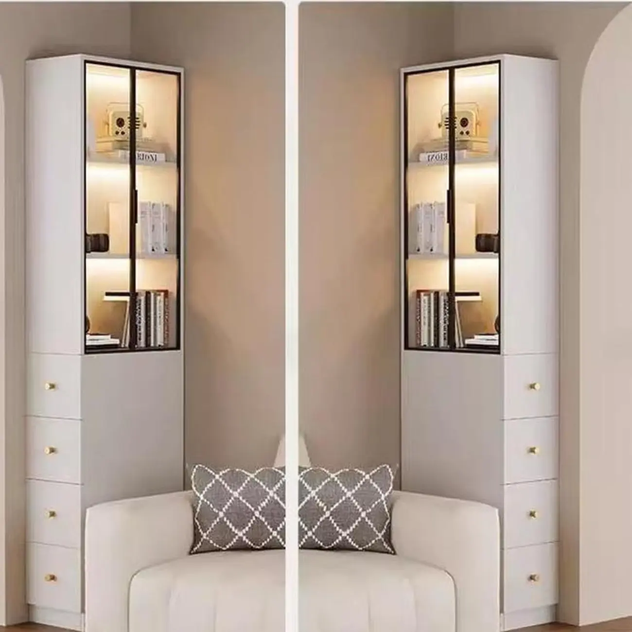 Modern White Wood Glass Pane Storage Cabinet with 4 Drawers Image - 4 | homeyfad