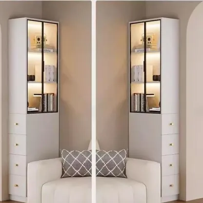 Modern White Wood Glass Pane Storage Cabinet with 4 Drawers Image - 4