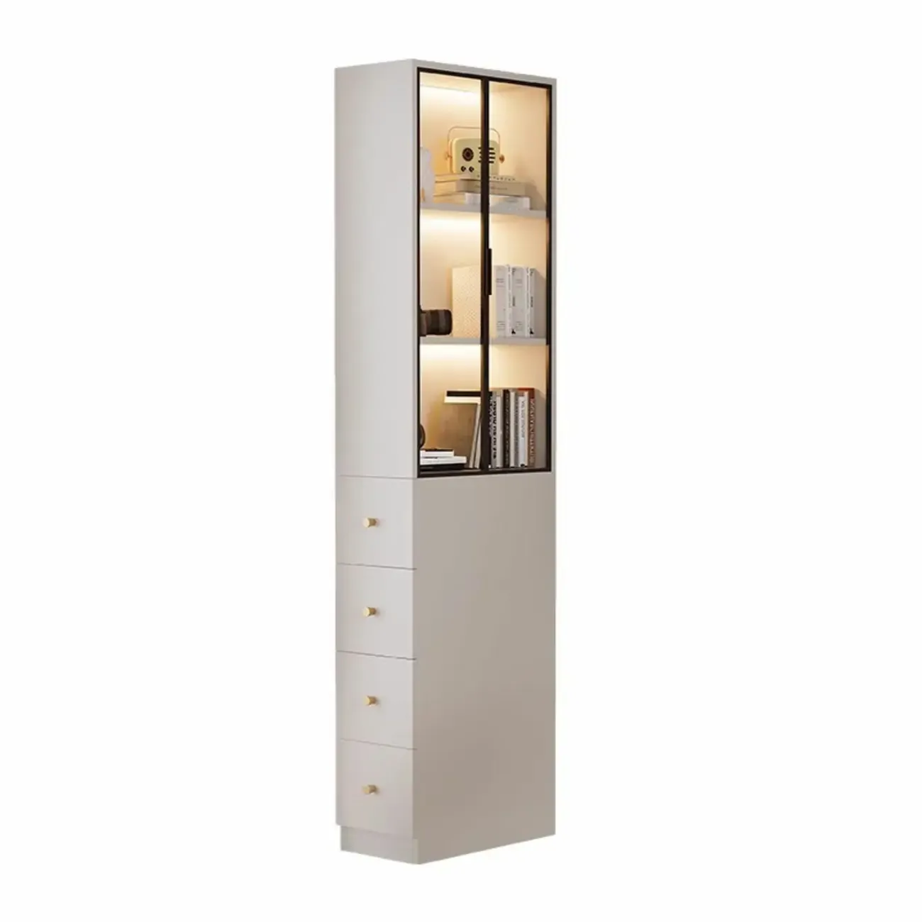 Modern White Wood Glass Pane Storage Cabinet with 4 Drawers Image - 5