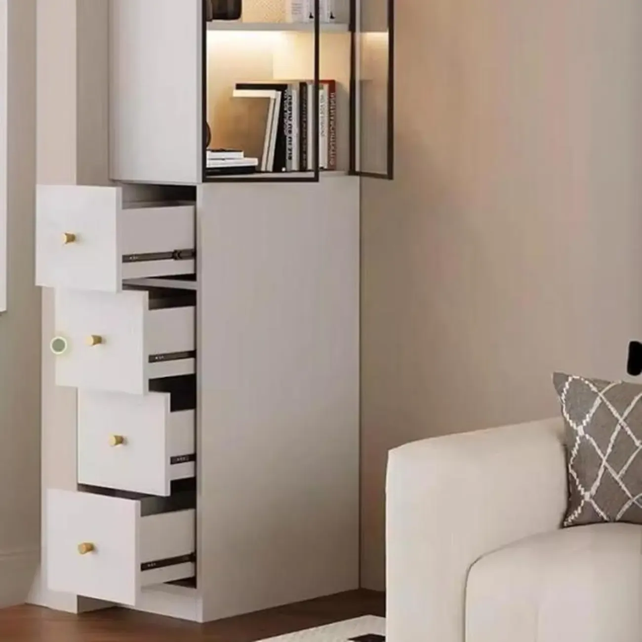 Modern White Wood Glass Pane Storage Cabinet with 4 Drawers Image - 8