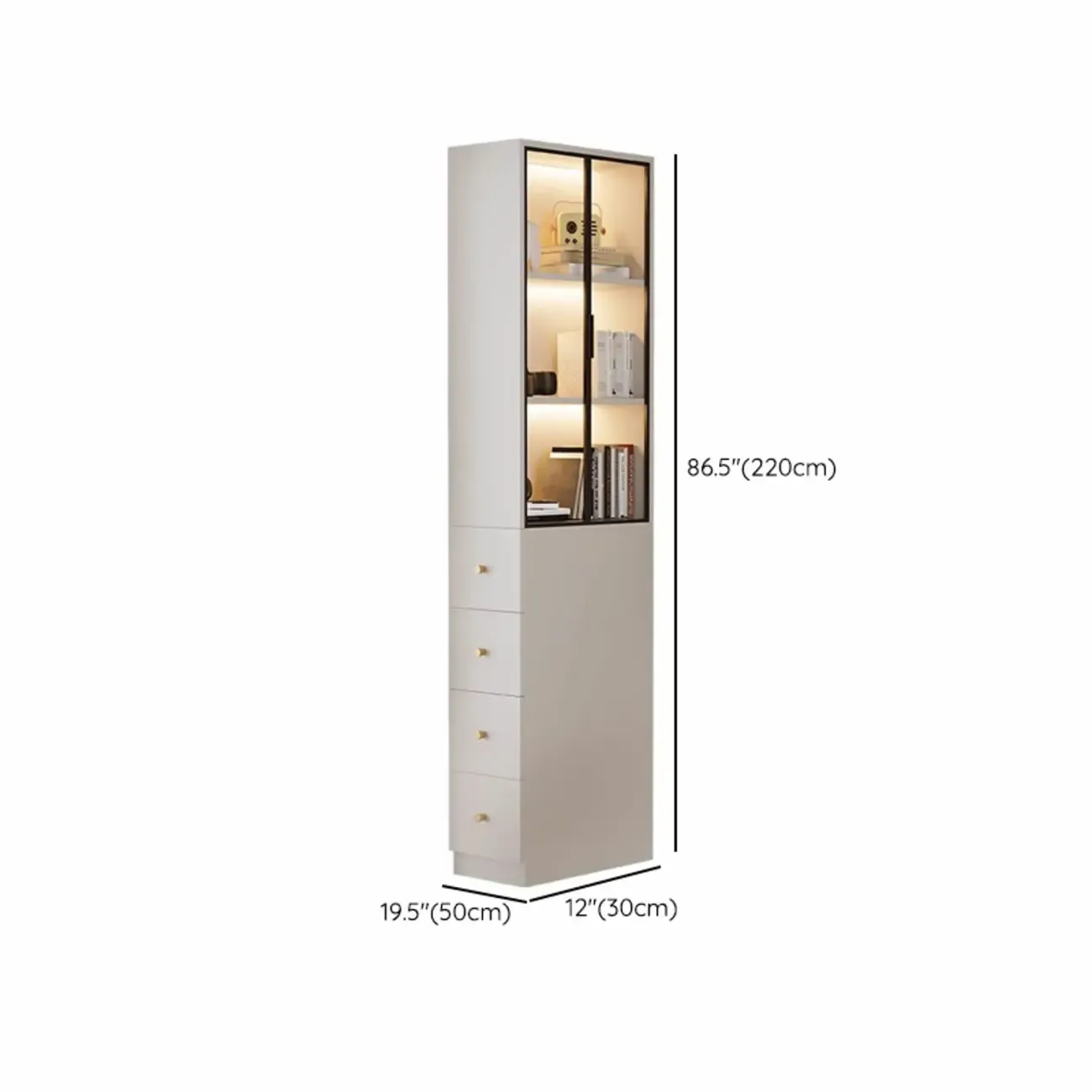 Modern White Wood Glass Pane Storage Cabinet with 4 Drawers Image - 11