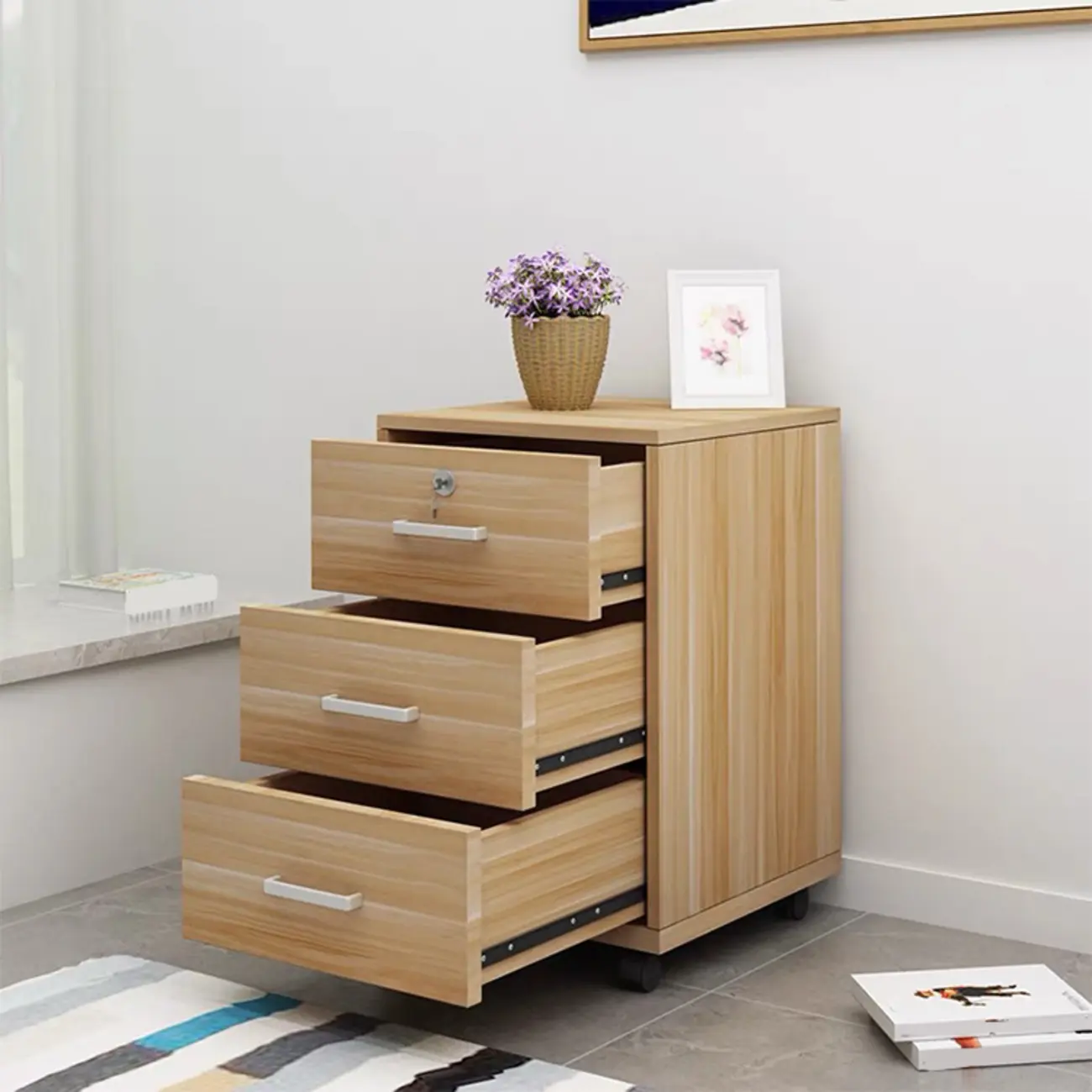 Minimalist Wooden Lockable Office Filing Cabinet with Wheels Image - 2 | homeyfad