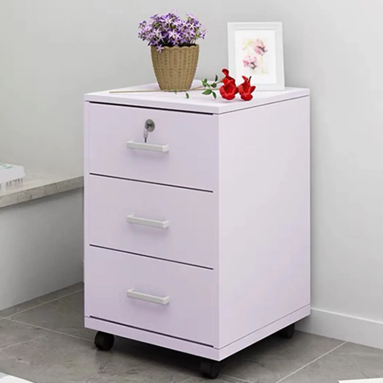 Minimalist Wooden Lockable Office Filing Cabinet with Wheels Image - 3 | homeyfad