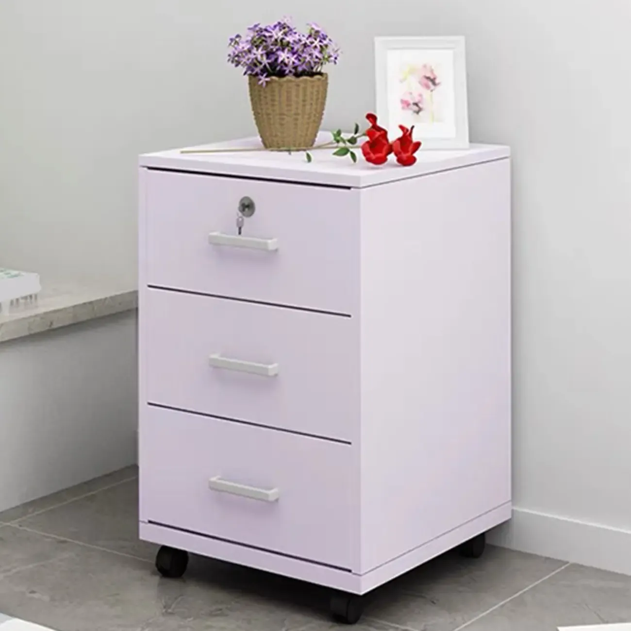 Minimalist Wooden Lockable Office Filing Cabinet with Wheels Image - 3