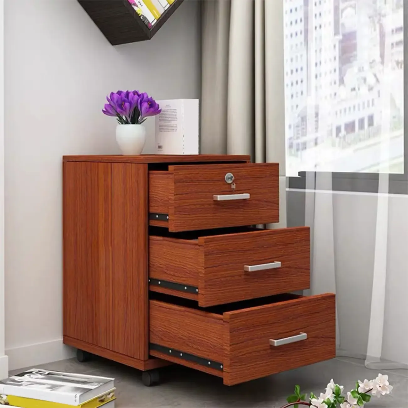 Minimalist Wooden Lockable Office Filing Cabinet with Wheels Image - 1