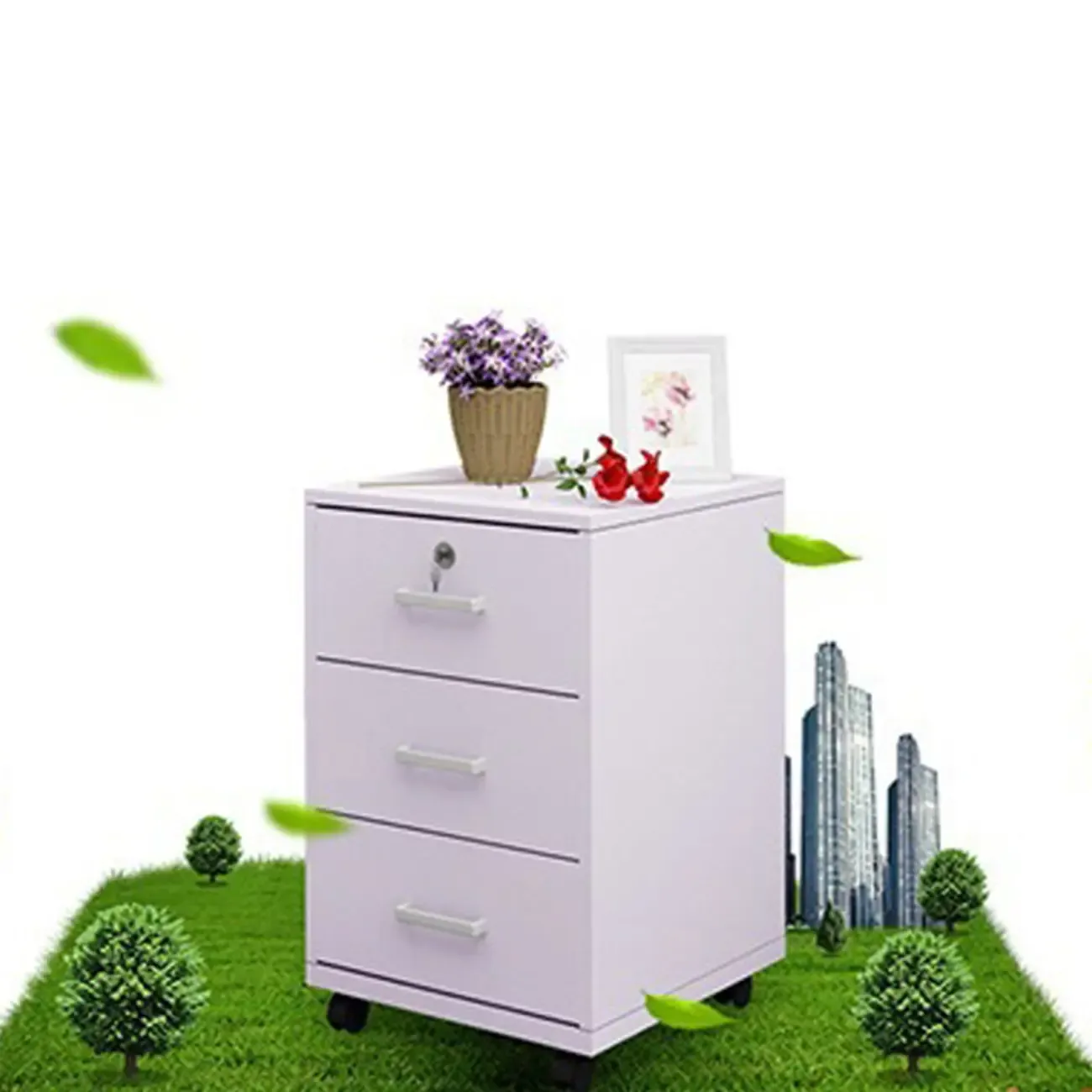 Minimalist Wooden Lockable Office Filing Cabinet with Wheels Image - 7