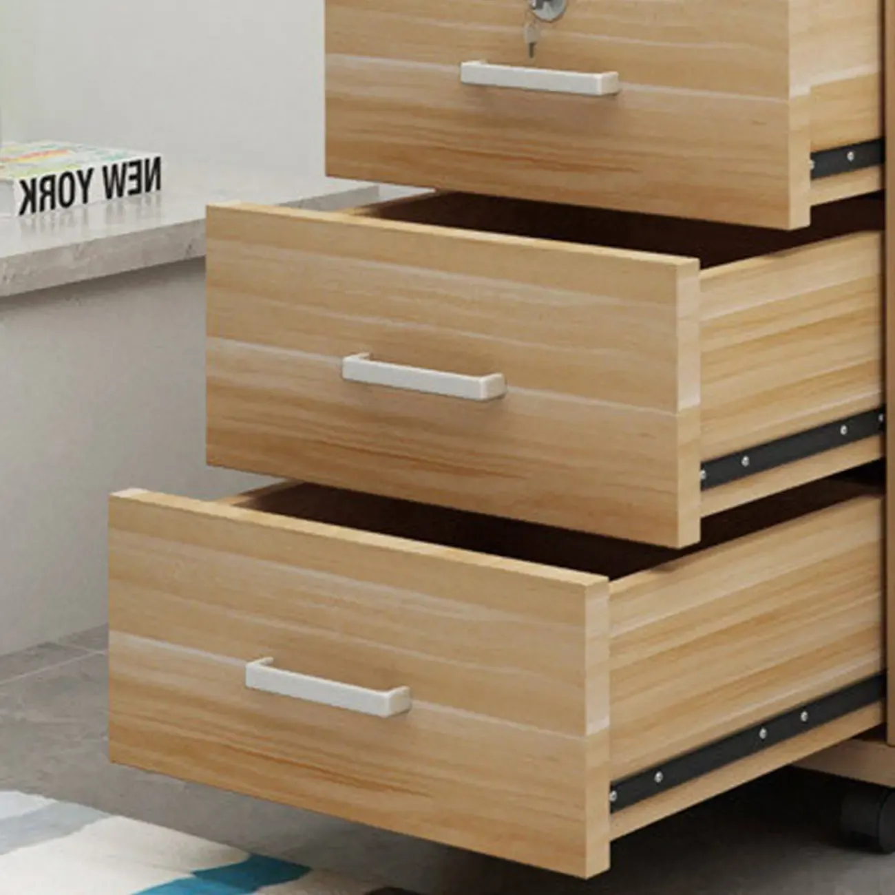 Minimalist Wooden Lockable Office Filing Cabinet with Wheels Image - 9