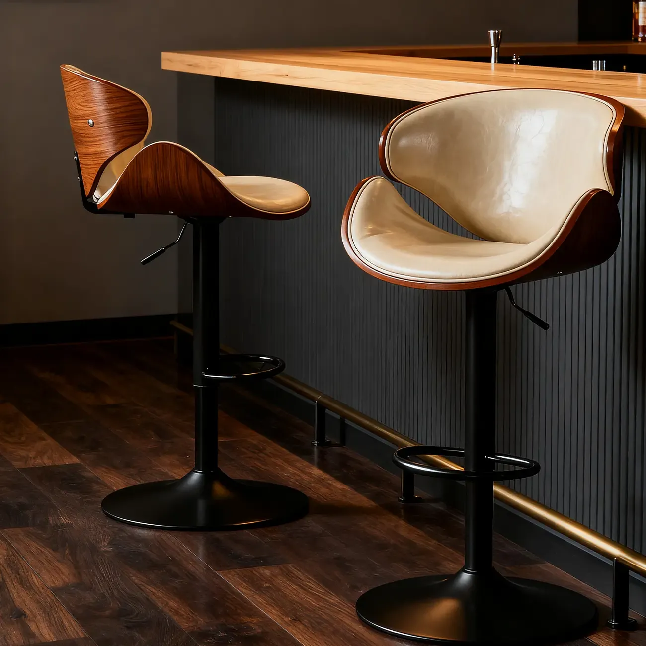 Modern Adjustable Leather Swivel Bar Stools with Backs Image - 3