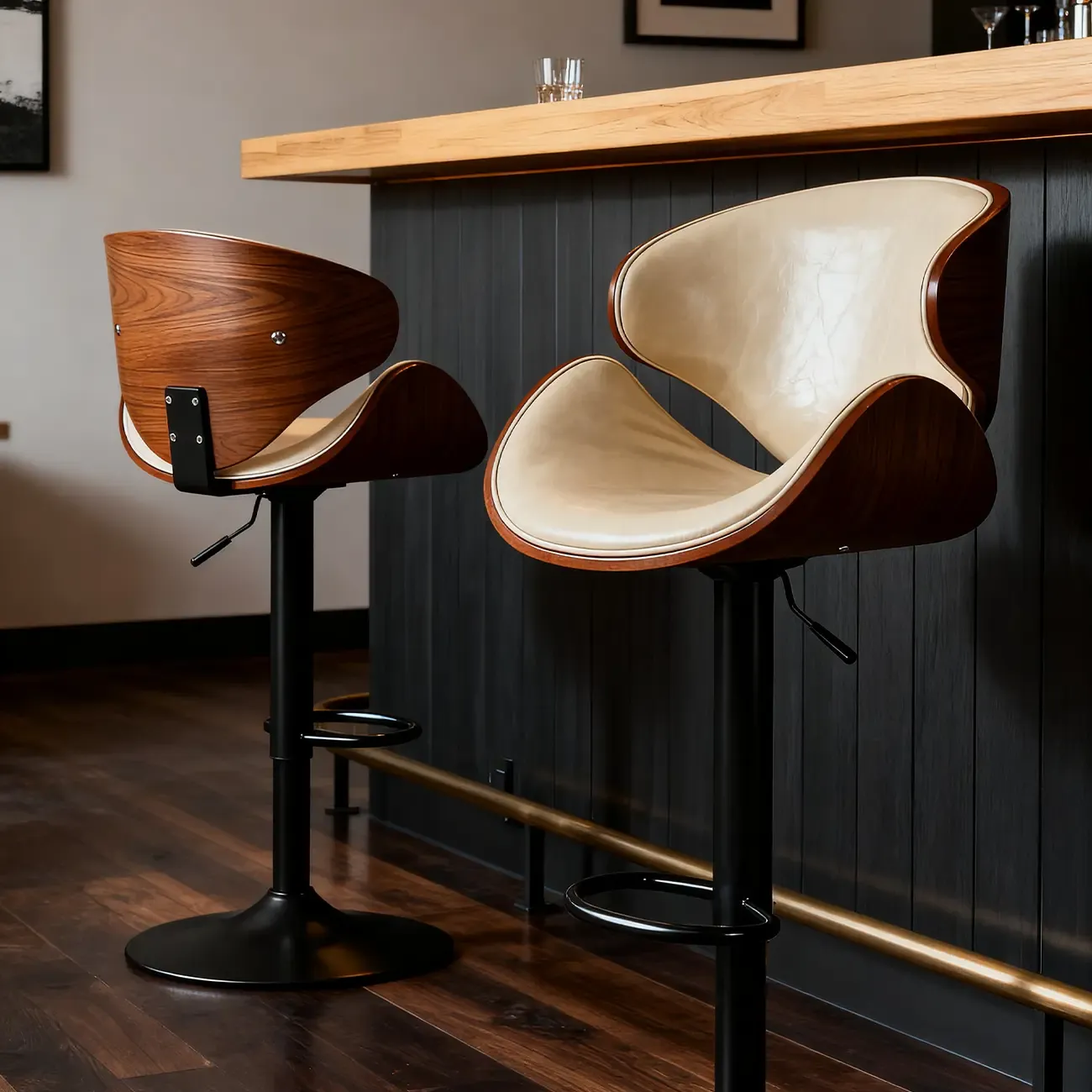 Modern Adjustable Leather Swivel Bar Stools with Backs Image - 2