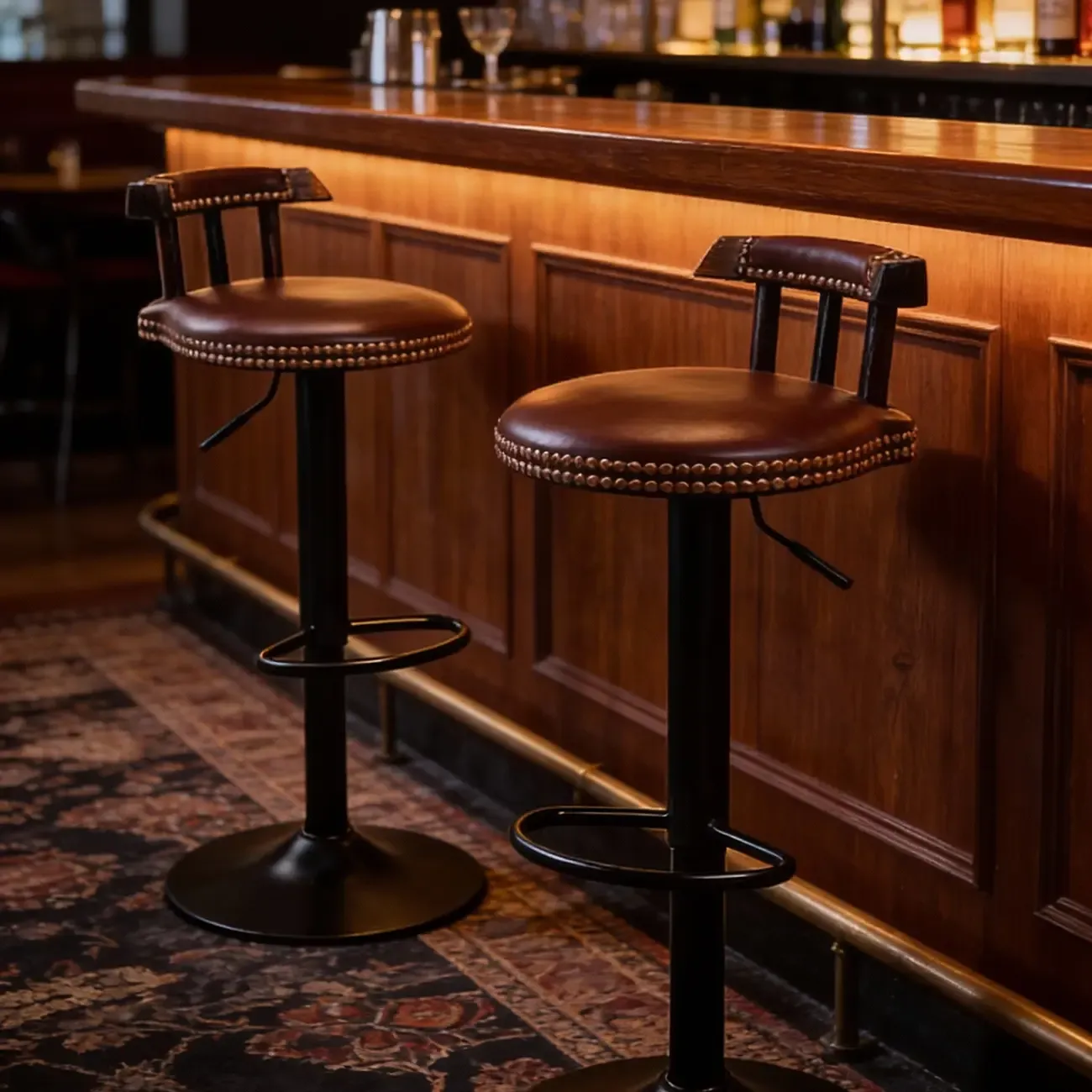 Industrial Round Leather Adjustable Bar Stools Image - 3