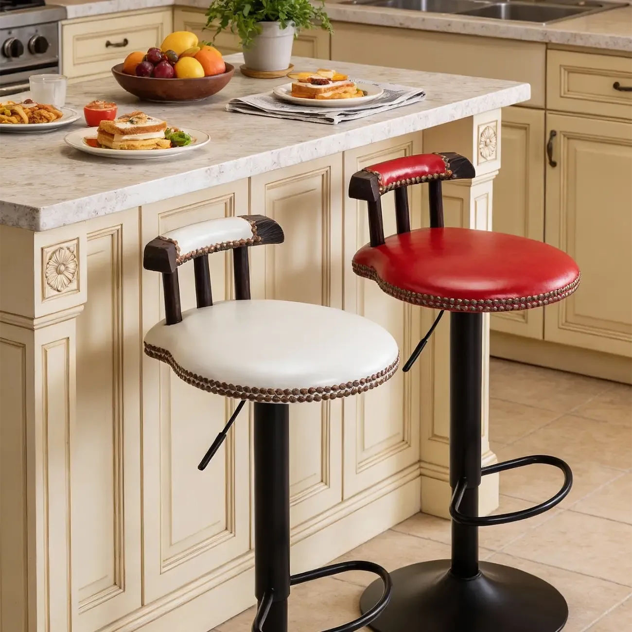 Industrial Round Leather Adjustable Bar Stools Image - 1