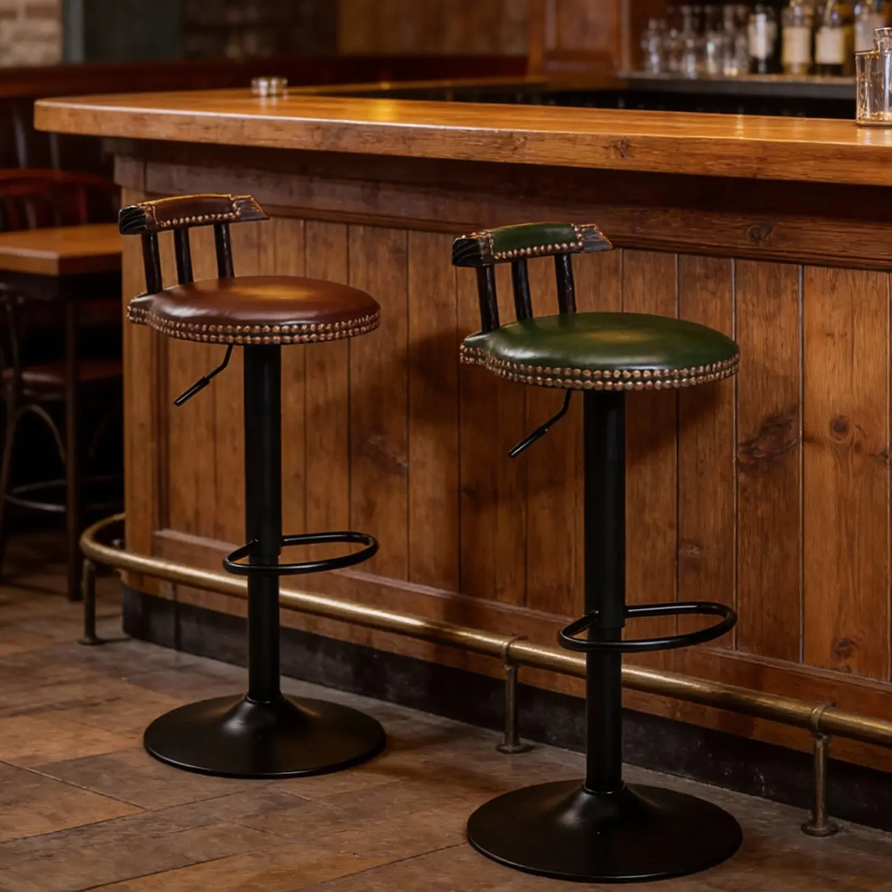 Industrial Round Leather Adjustable Bar Stools Image - 4 | homeyfad