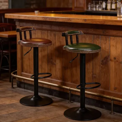 Industrial Round Leather Adjustable Bar Stools Image - 4