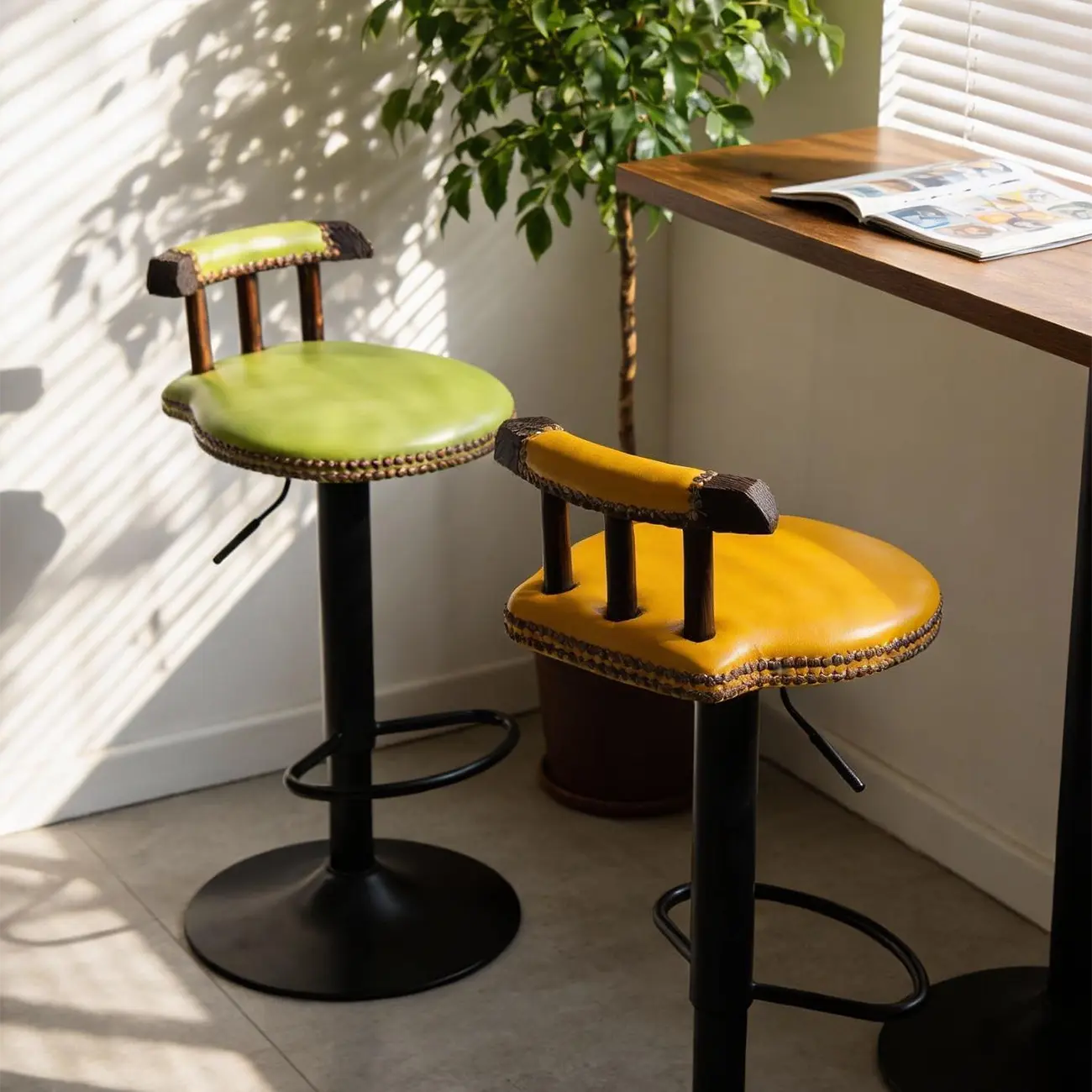 Industrial Round Leather Adjustable Bar Stools Image - 2 | homeyfad