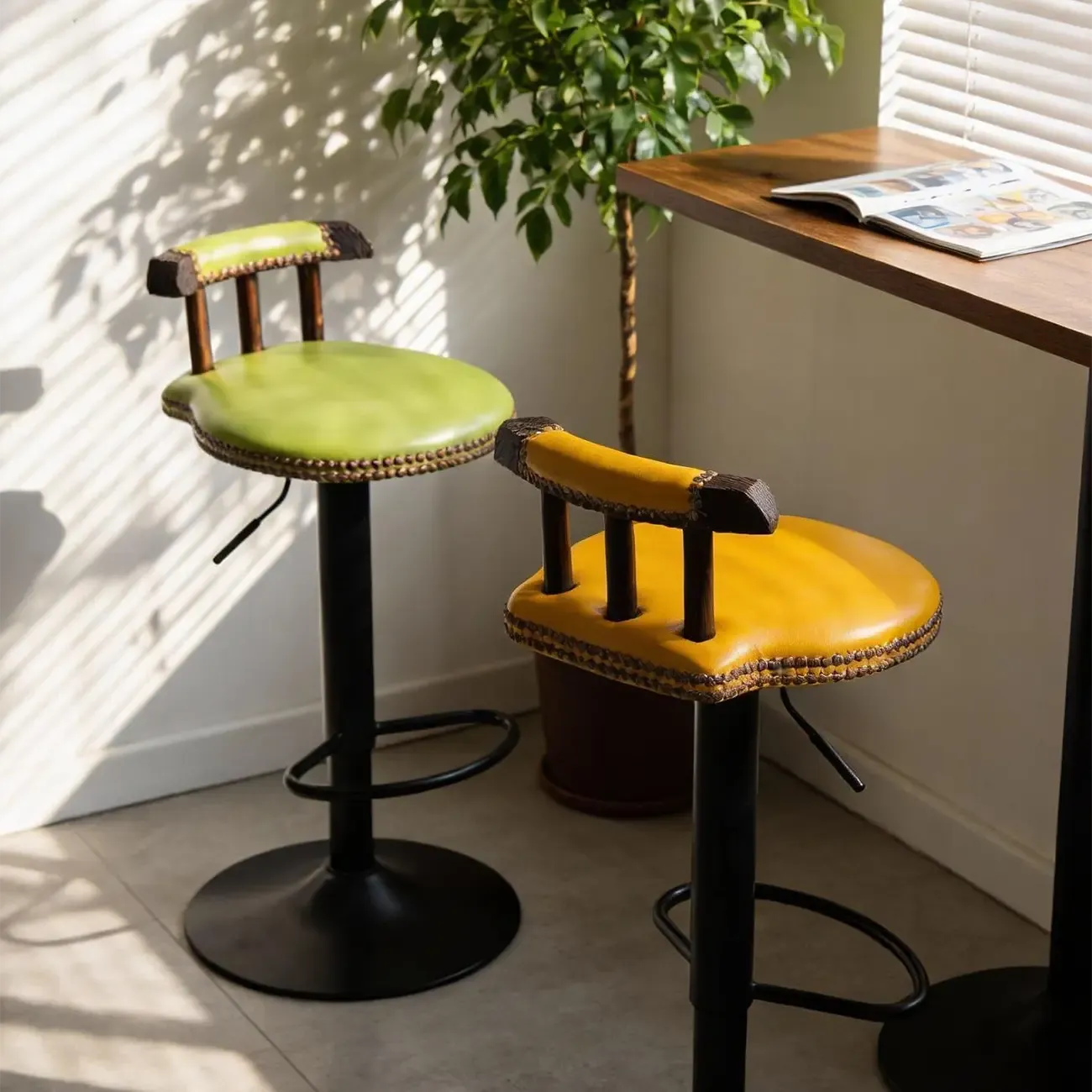 Industrial Round Leather Adjustable Bar Stools Image - 2