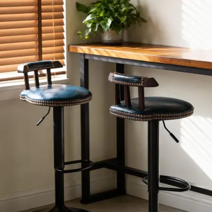Industrial Round Leather Adjustable Bar Stools Image - 10