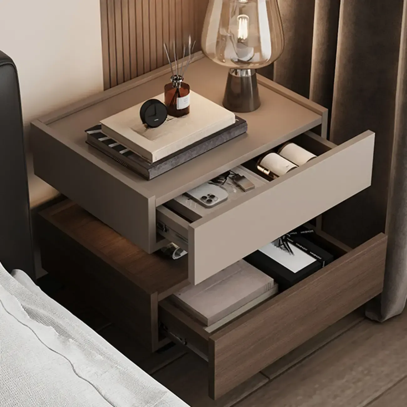 3-tier Modern Wood Nightstand with Smart Fingerprint Unlock Image - 5