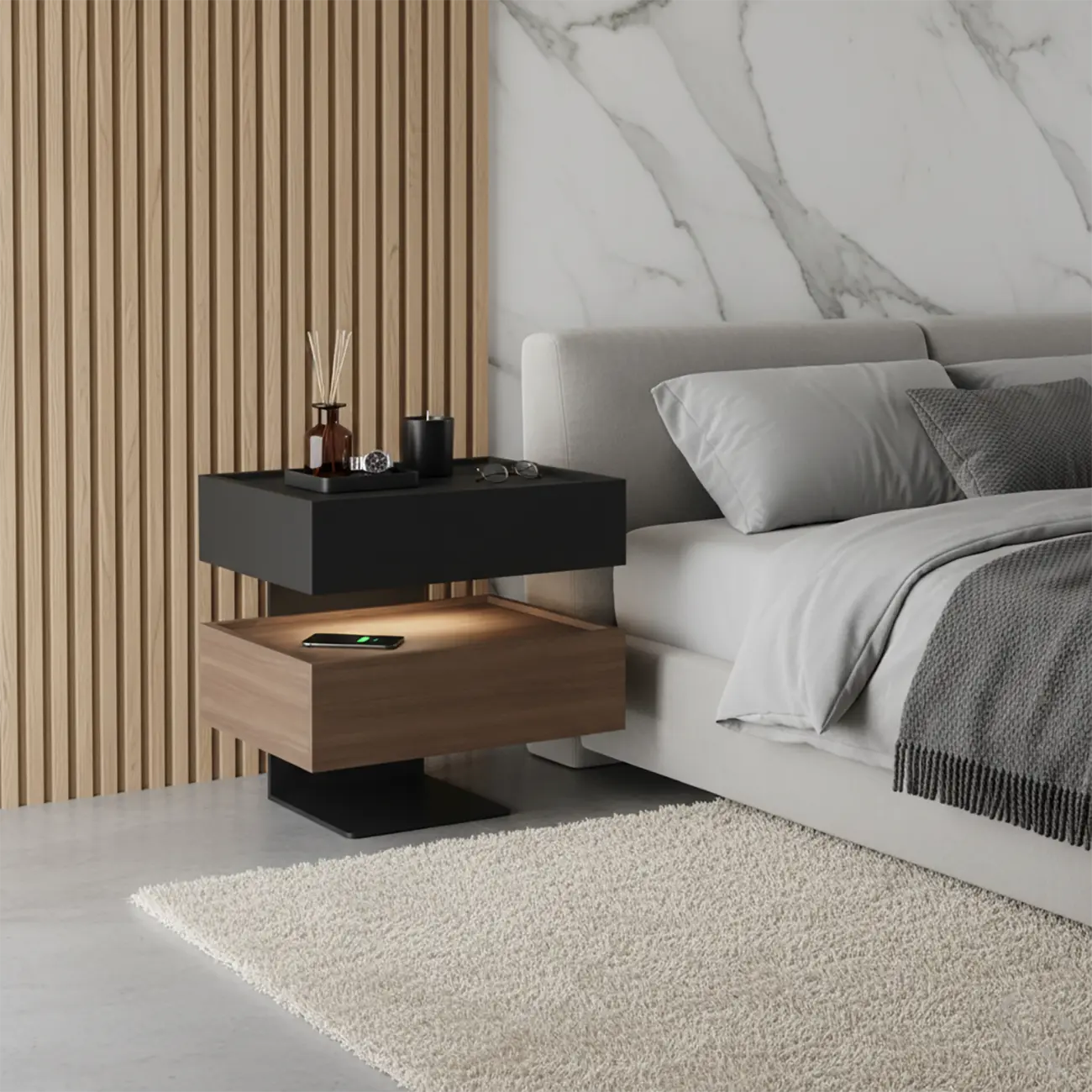 3-tier Modern Wood Nightstand with Smart Fingerprint Unlock Image - 1 | homeyfad