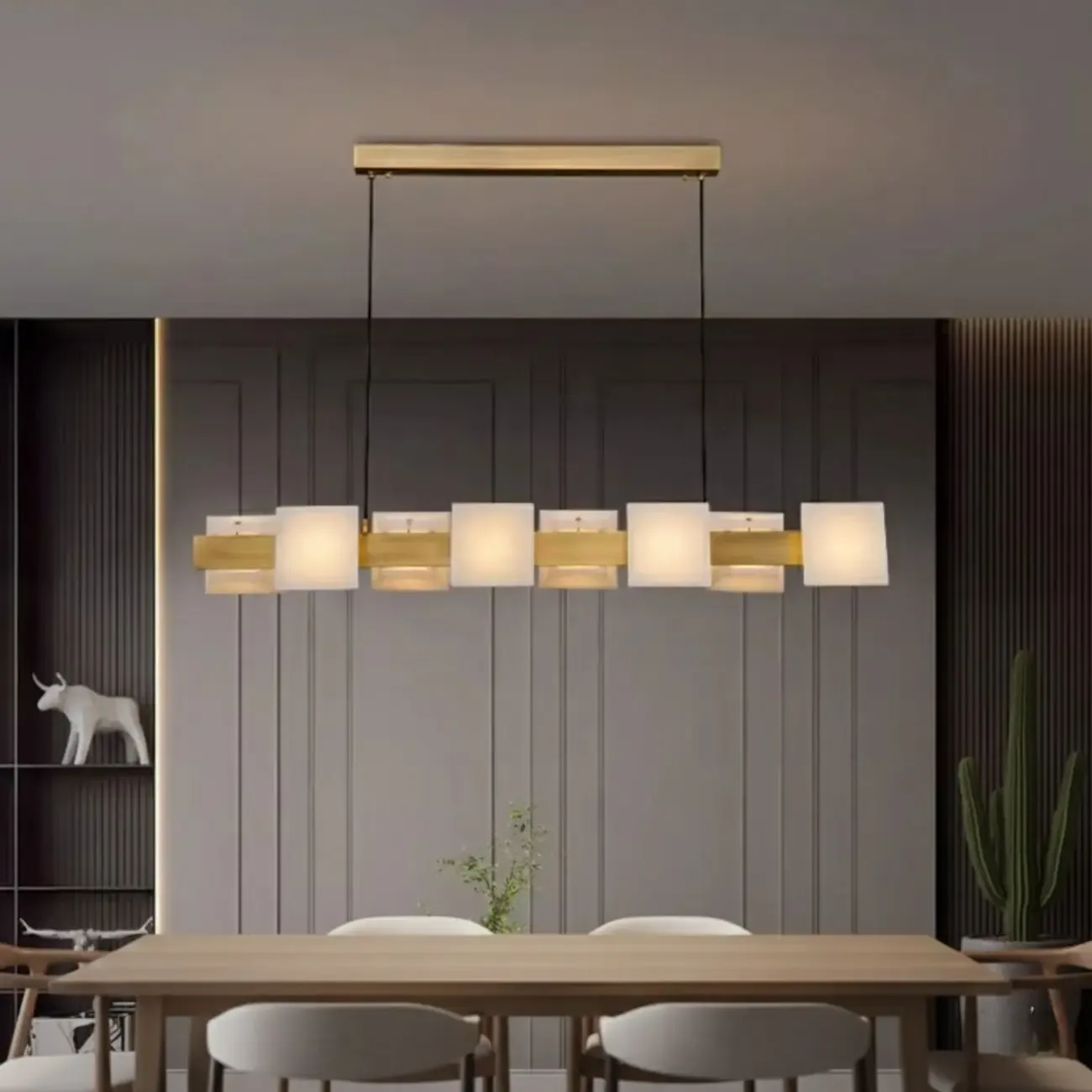 Contemporary Kitchen Brass Linear Alabaster Cube Island Light Image - 1