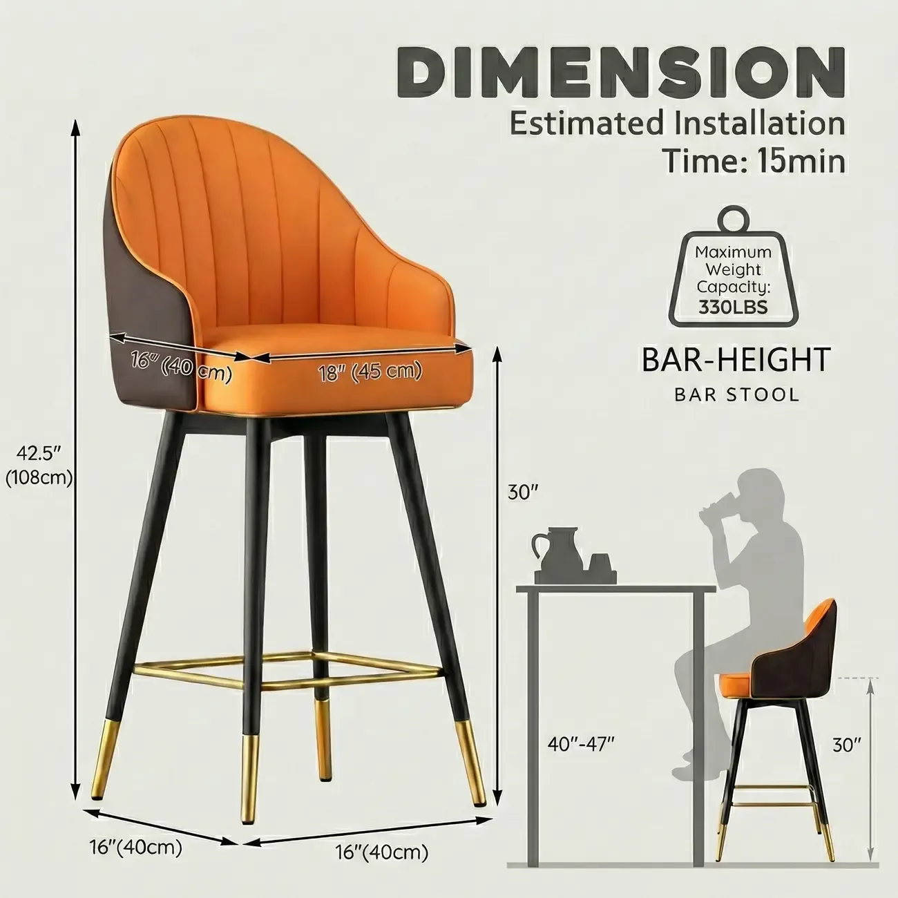 Art Deco Leather Swivel Bucket Cushioned Bar Stool Image - 10