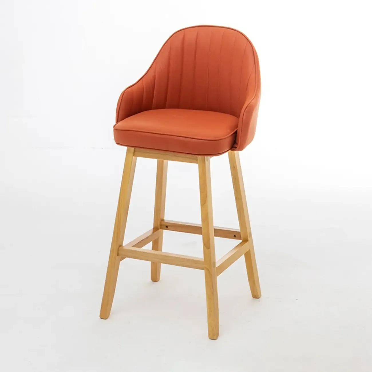 Scandi-Modern Upholstered Tufted Back Bar Stools Wood Legs Image - 7