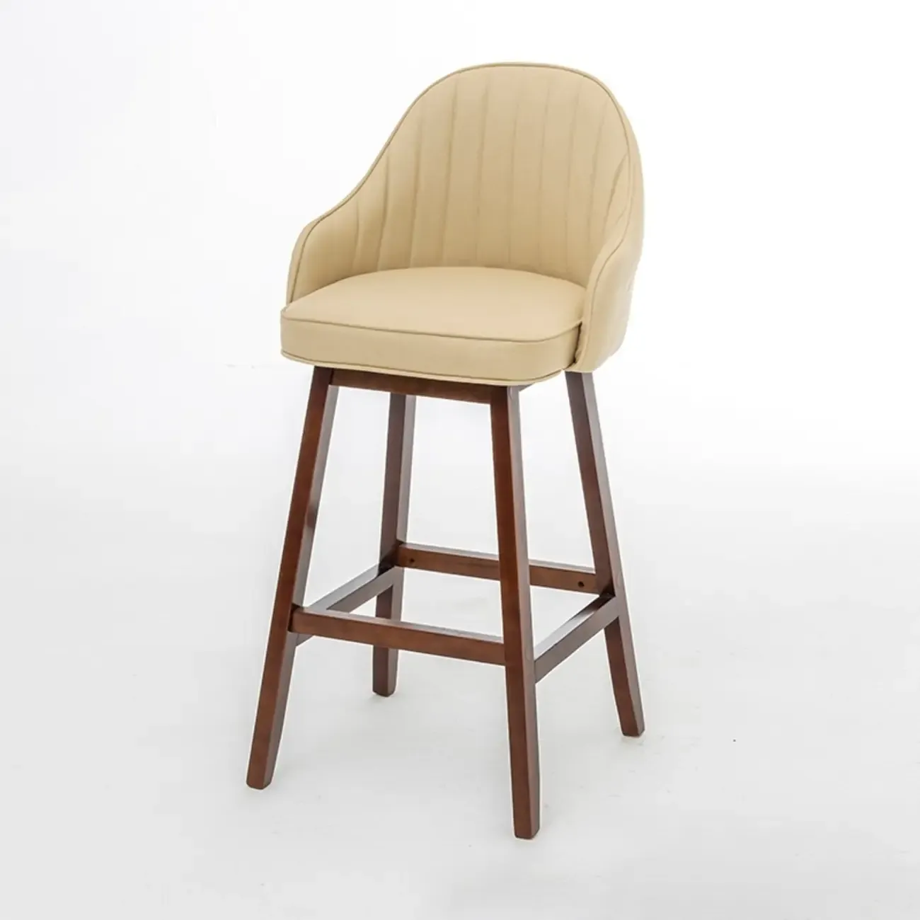 Scandi-Modern Upholstered Tufted Back Bar Stools Wood Legs Image - 12