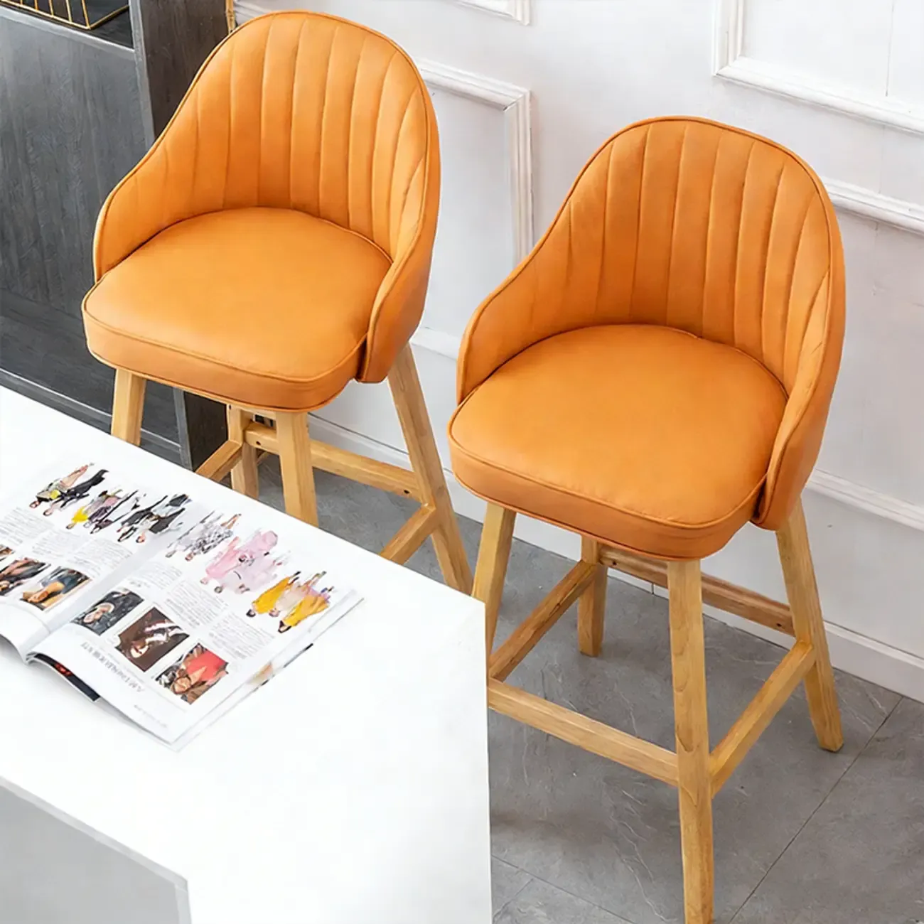 Scandi-Modern Upholstered Tufted Back Bar Stools Wood Legs Image - 4