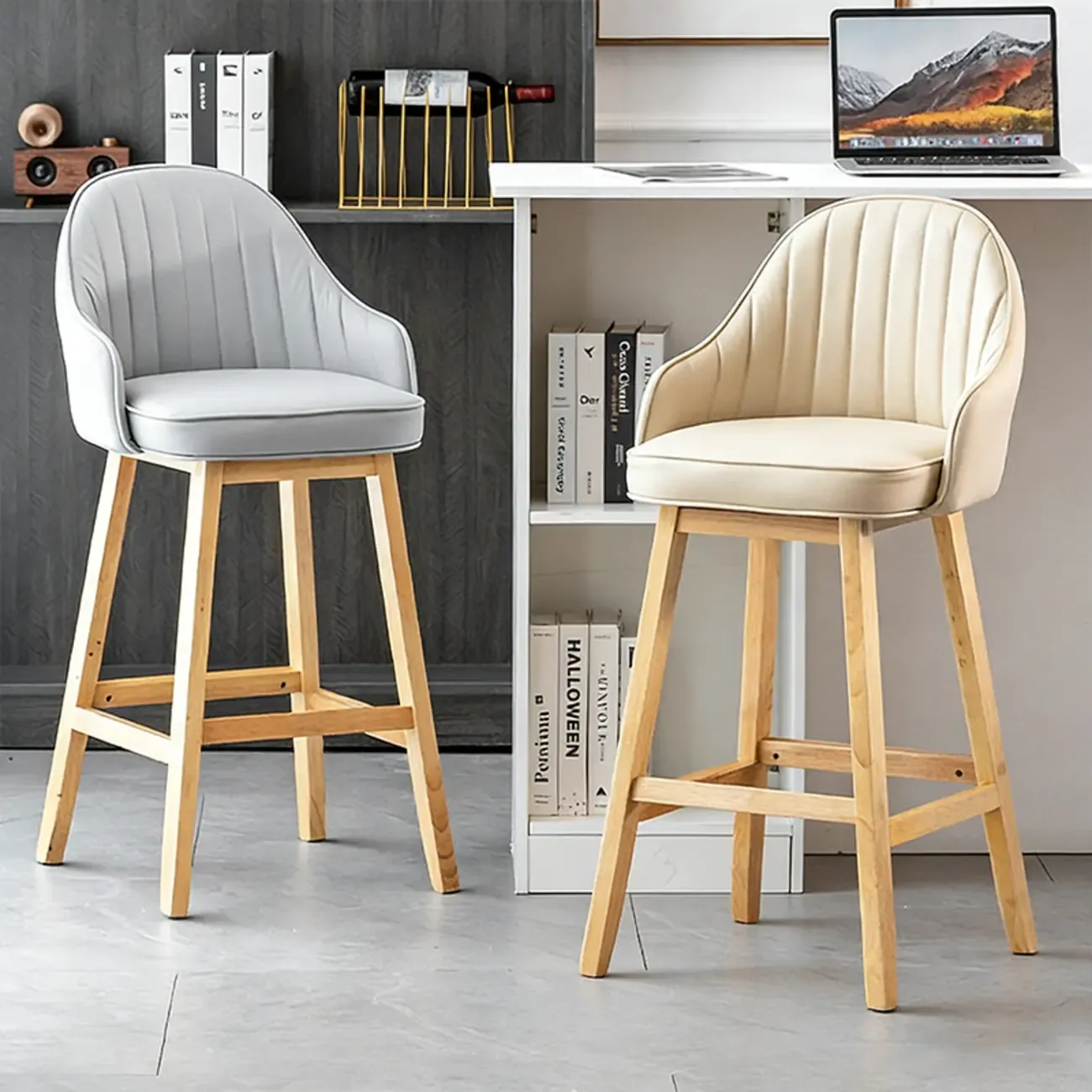 Scandi-Modern Upholstered Tufted Back Bar Stools Wood Legs Image - 1