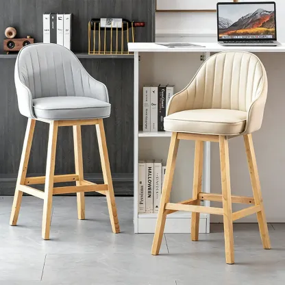 Scandi-Modern Upholstered Tufted Back Bar Stools Wood Legs Image - 1