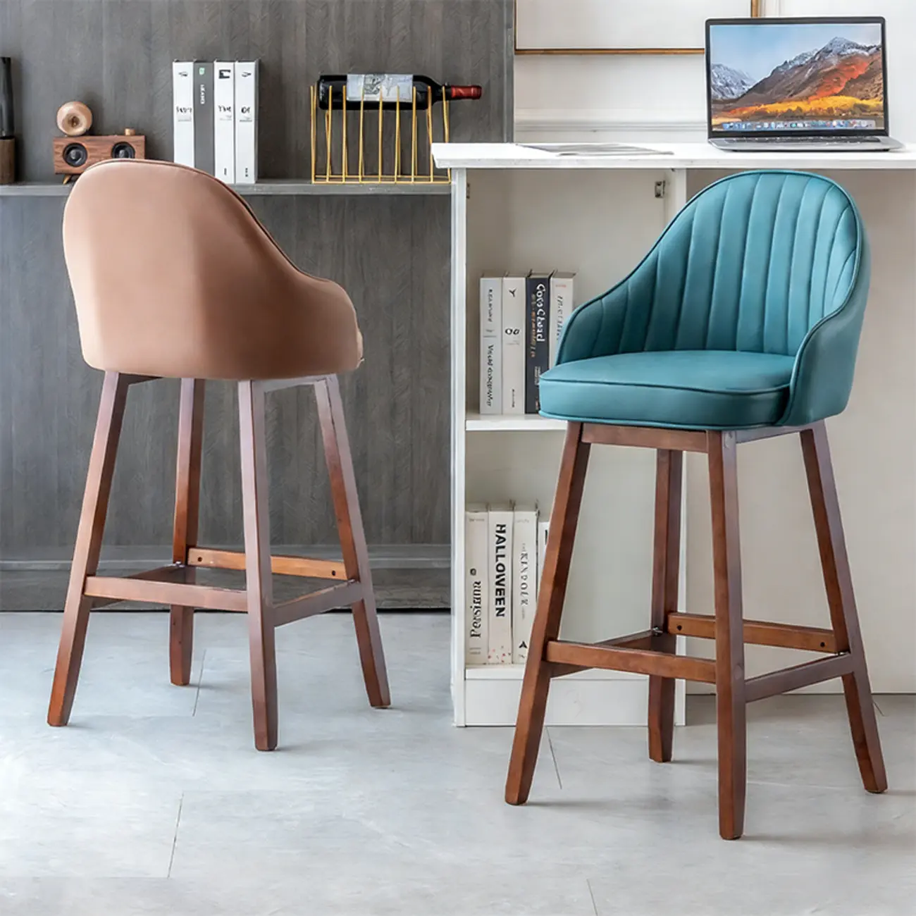 Scandi-Modern Upholstered Tufted Back Bar Stools Wood Legs Image - 2 | homeyfad